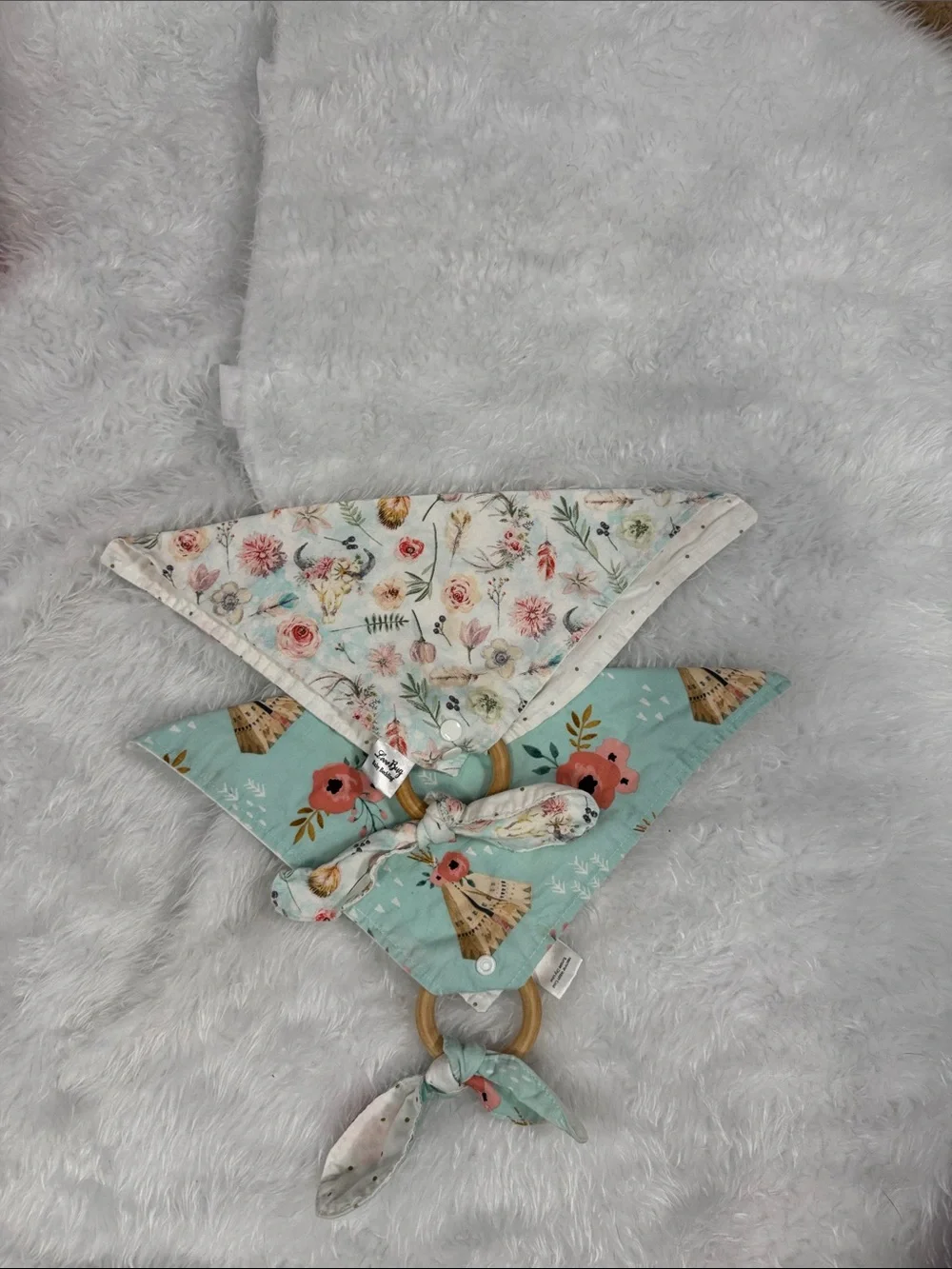 Floral Mint Baby Bandana Bib with Wooden Teether